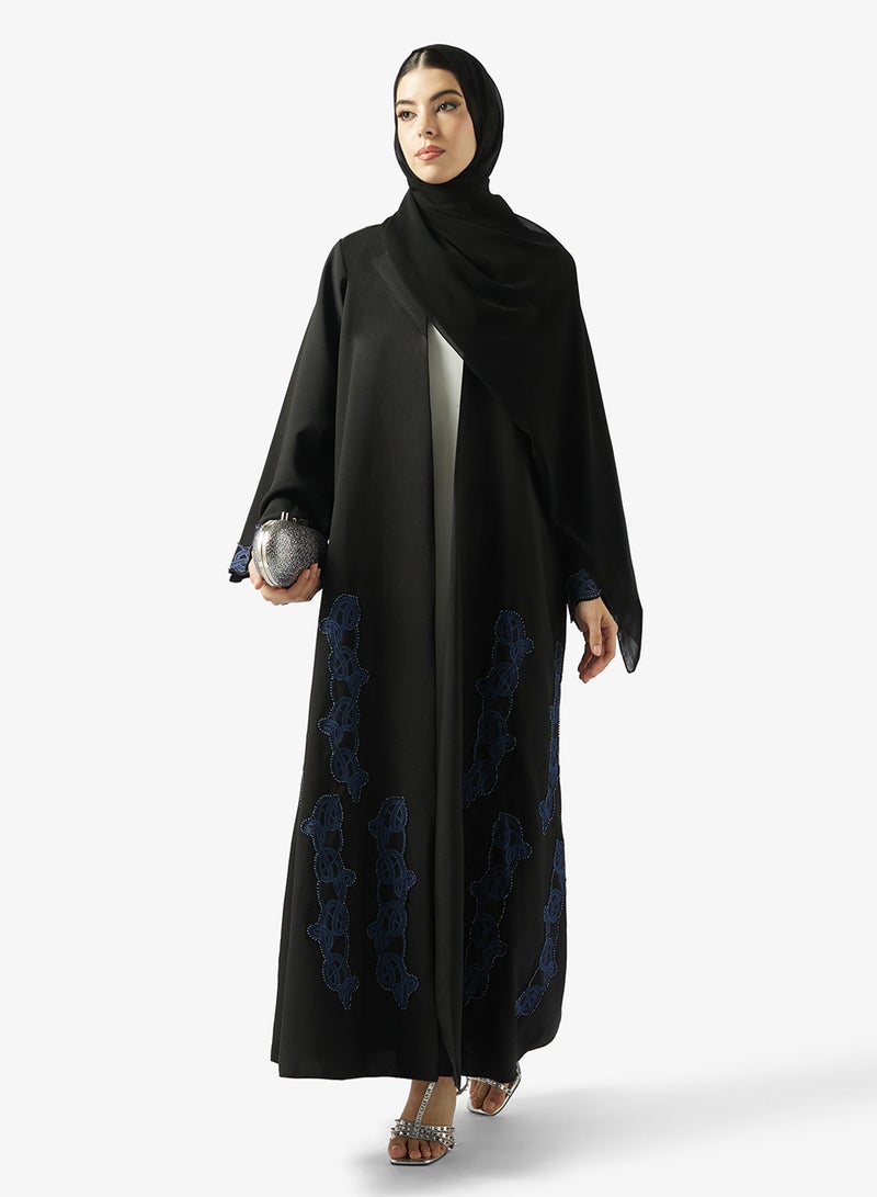 hayas closet Lace Embellished Open Front Lapel Collar Abaya - Image 1